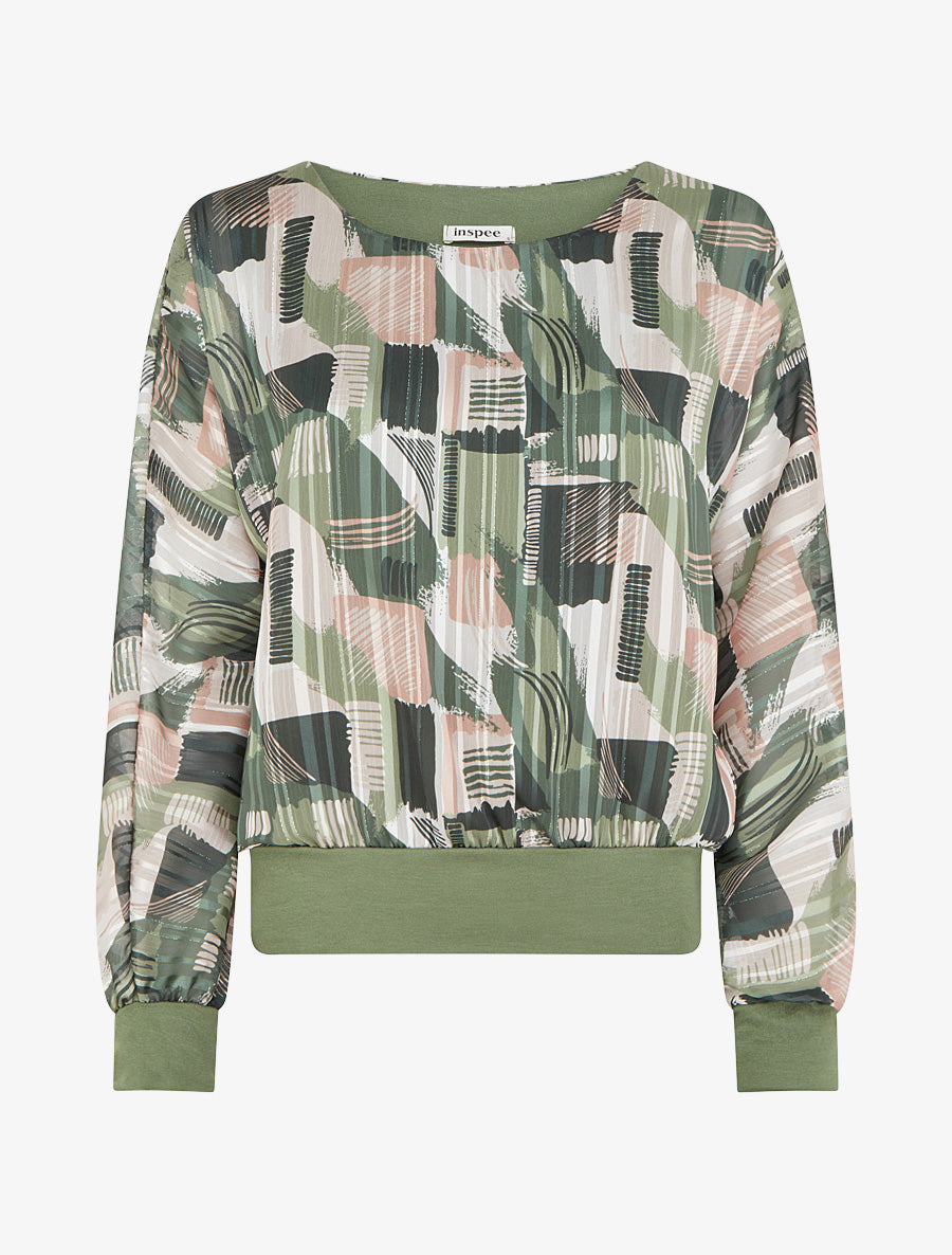 Blouse en voile imprimé fantaisie à détail irisé - Kaki - 1