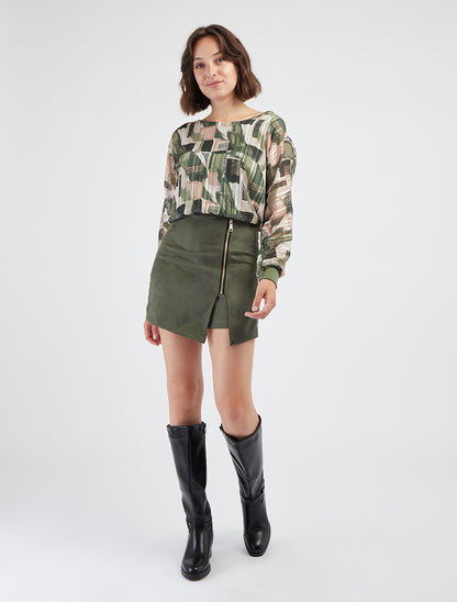 Blouse en voile imprimé fantaisie à détail irisé - Kaki - 8