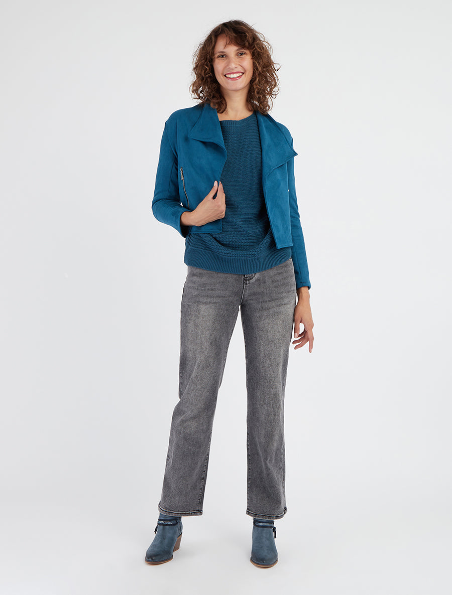 Jacke aus Wildlederimitat mit dekorativen Reißverschlusstaschen - Entenblau