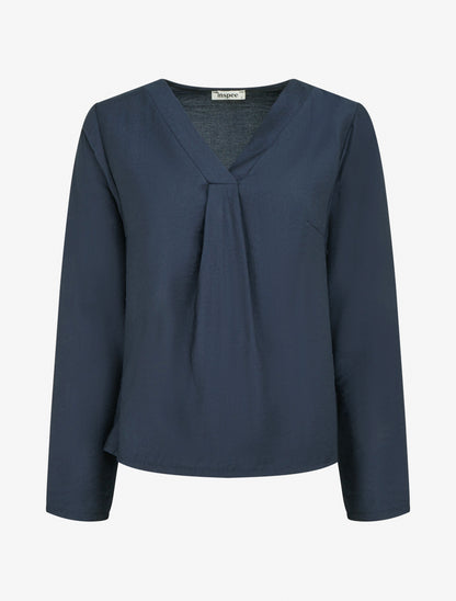 Blouse droite unie à col V - Marine - 1