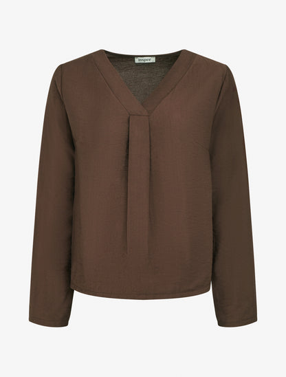Blouse droite unie à col V - Marron - 1