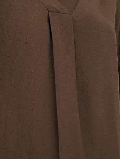 Blouse droite unie à col V - Marron - 3