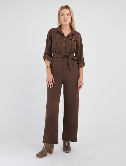 Einfarbiger Overall mit elastischer Taille - Braun