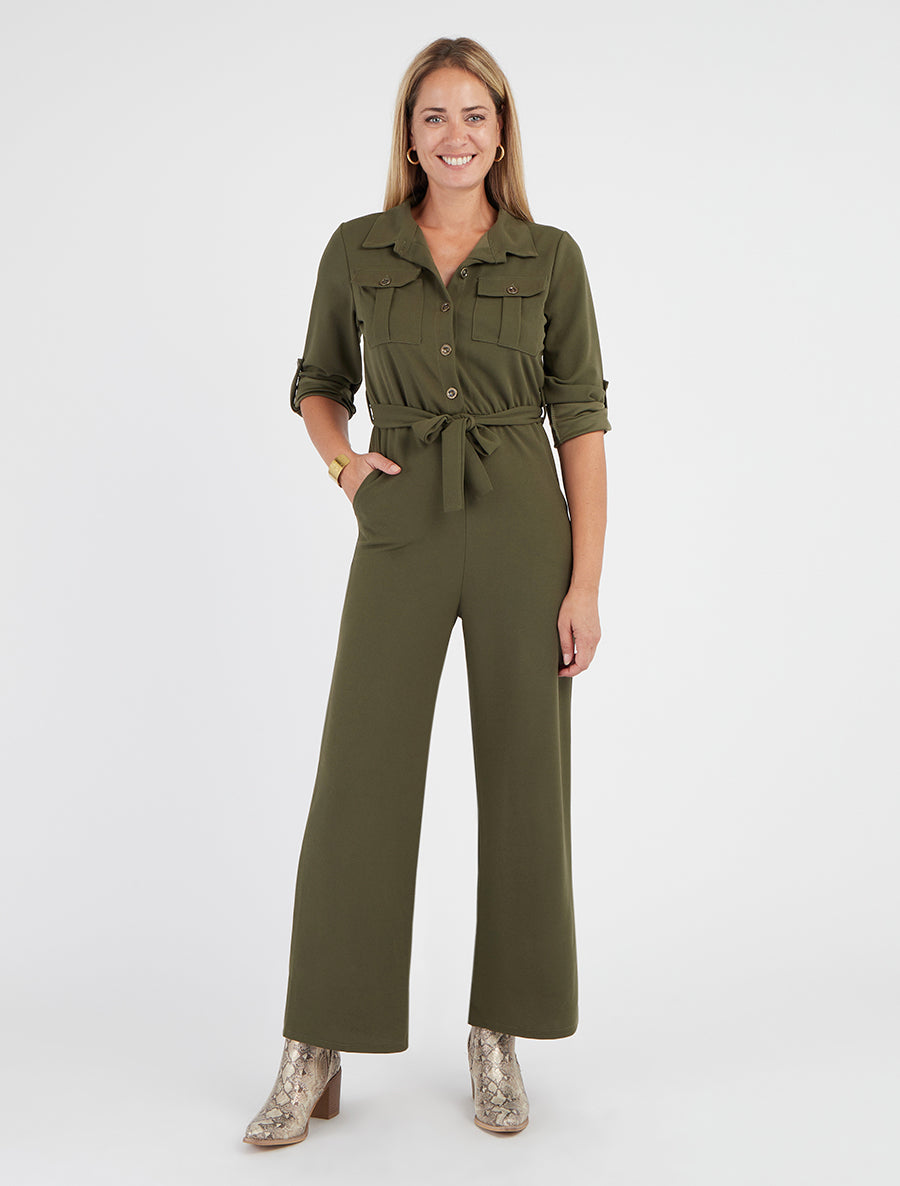 Einfarbiger Overall mit elastischer Taille - Kaki
