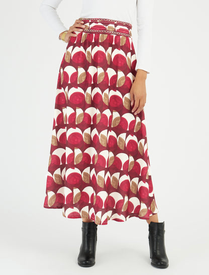 Langer Rock mit abstraktem Print und besticktem Detail - Weinrot