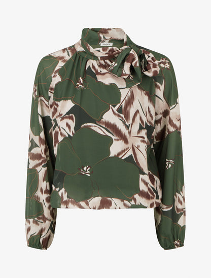 Blouse en voile imprimé floral à nouer - Kaki - 1