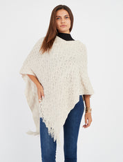 Asymmetrischer einfarbiger Poncho mit Fransen - Beige