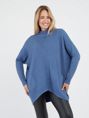 Asymmetrischer Poncho mit Stehkragen - Blau
