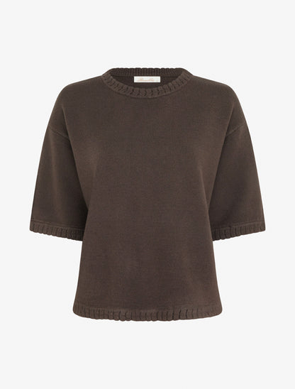 Pull uni en maille à col rond - Marron - 1