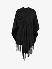Poncho long uni à franges - Noir - 1