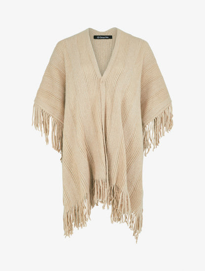 Poncho mi-long uni à franges - Beige - 1