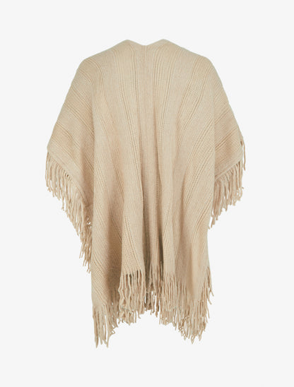 Poncho mi-long uni à franges - Beige - 2