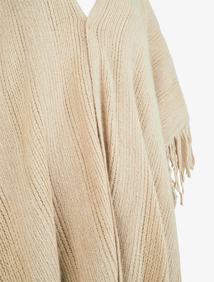 Poncho mi-long uni à franges - Beige - 3