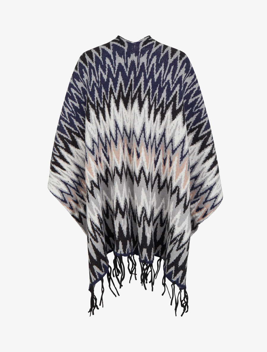 Poncho imprimé graphique à franges - Noir - 2