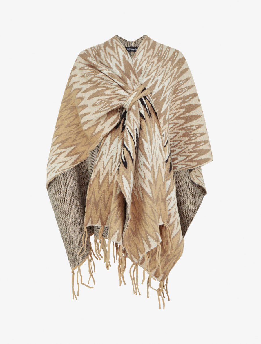 Poncho imprimé graphique à franges - Camel - 1