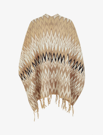 Poncho imprimé graphique à franges - Camel - 2