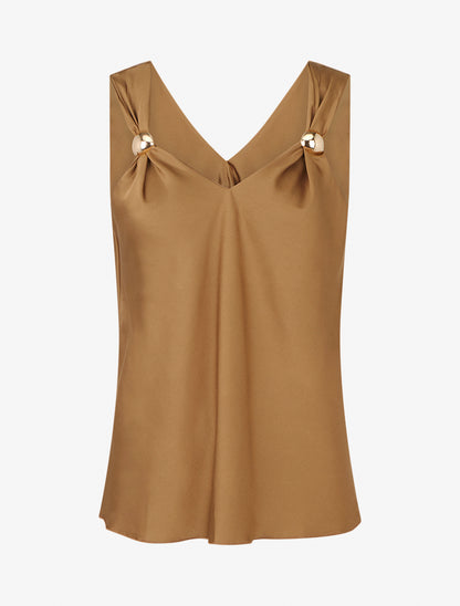 Top satiné à empiècement bijoux - Camel - 1