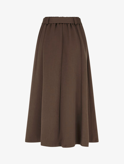 Jupe mi-longue unie à empiècement bijou - Marron - 2