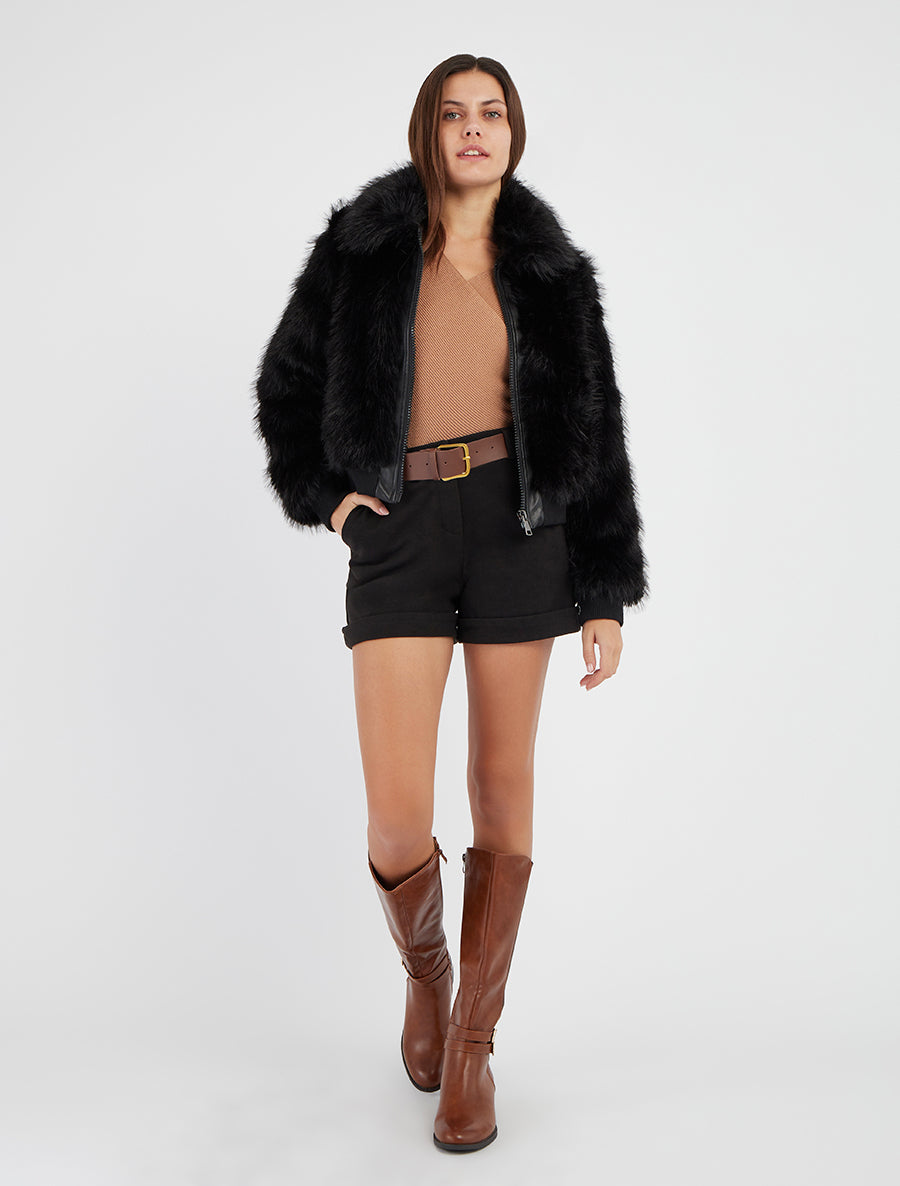 Blouson à empiècement fourrure synthétique - Noir - 8