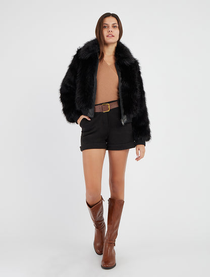 Blouson à empiècement fourrure synthétique - Noir - 8