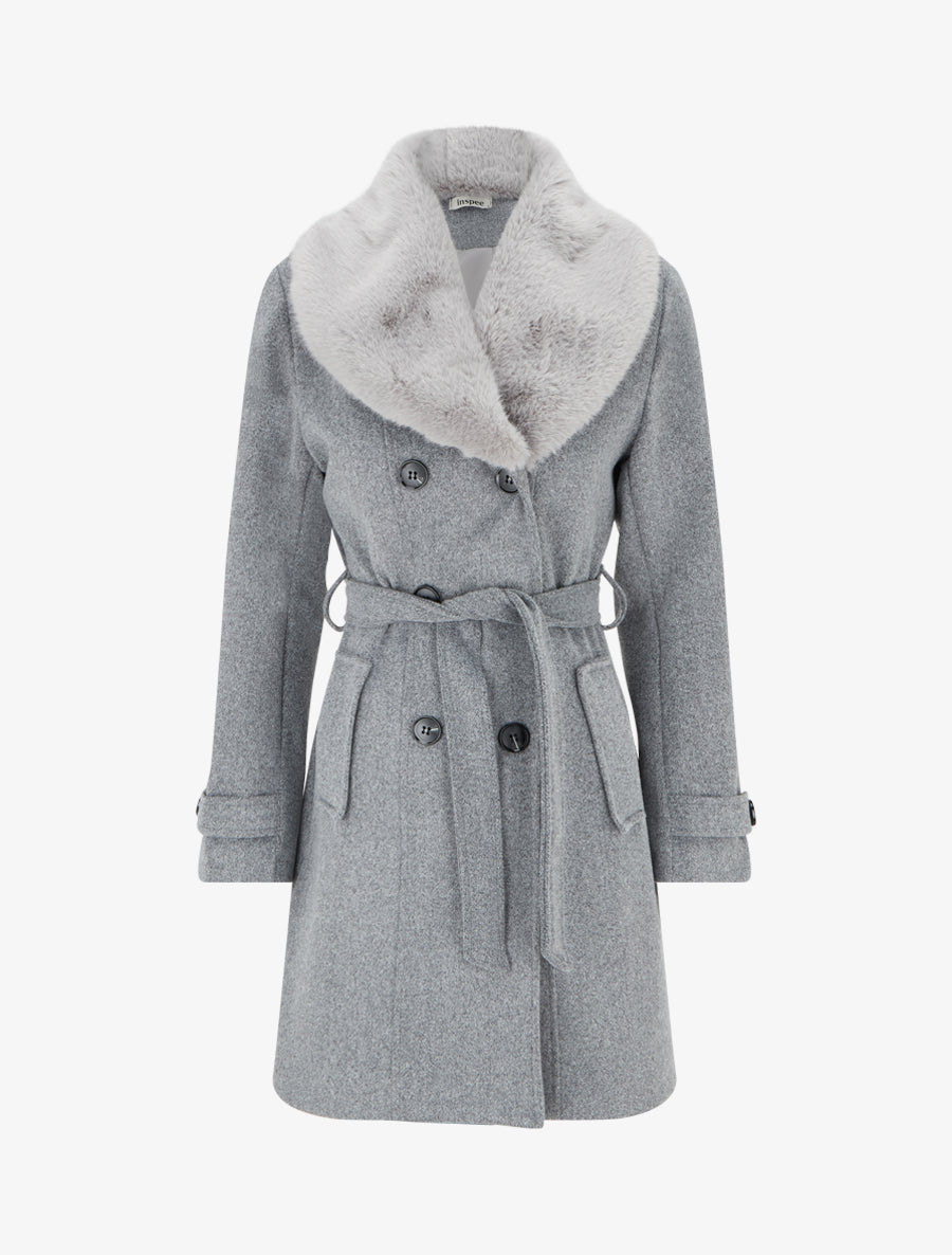 Manteau à col en fourrure synthétique amovible - Gris - 1