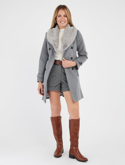 Mantel mit abnehmbarem Kragen aus Kunstpelz - Grau