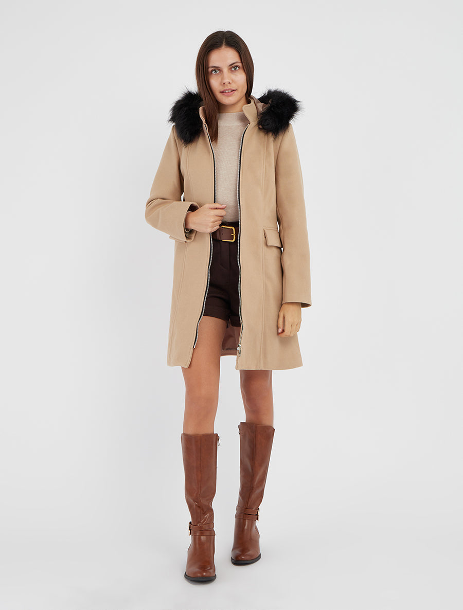 Manteau long à capuche et zip - Camel clair - 8