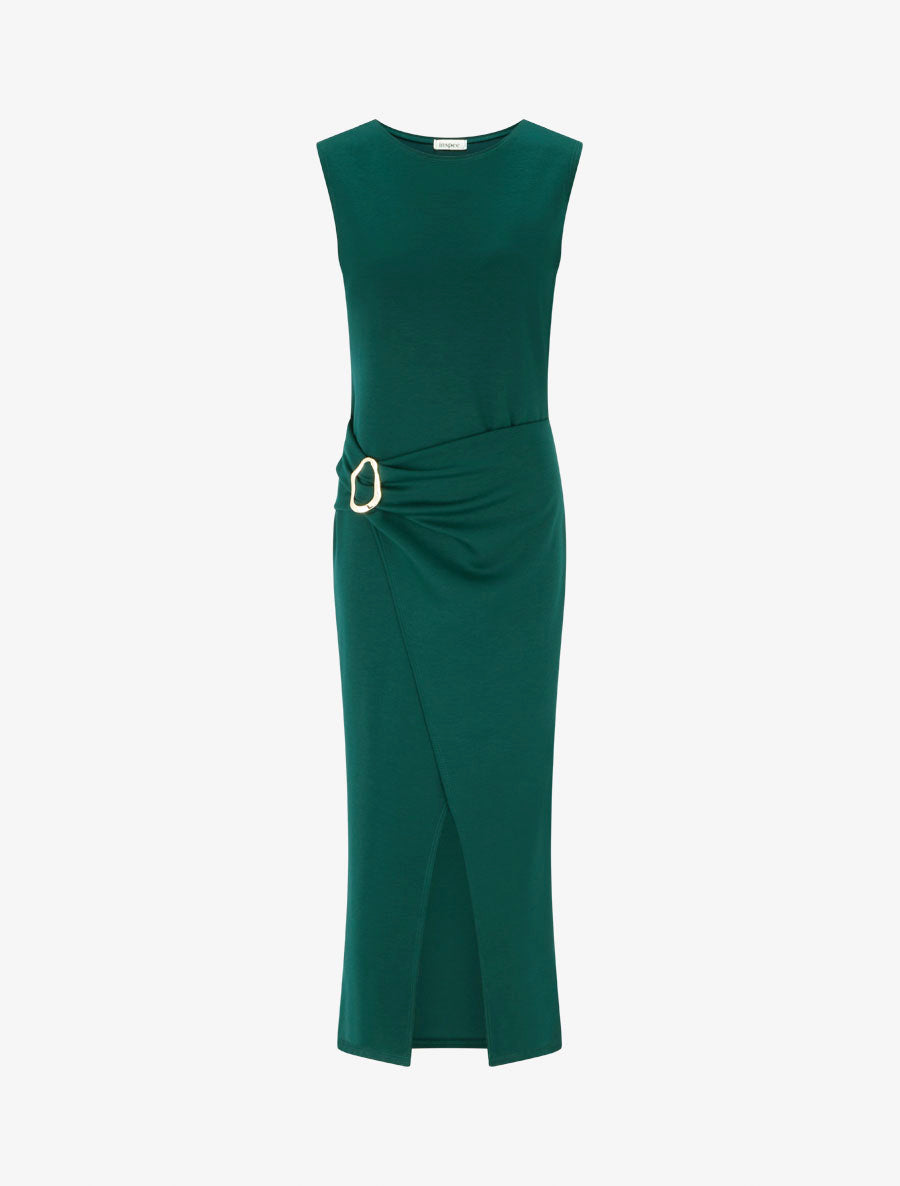 Robe longue fendue à empiècement bijou - Vert sapin - 1