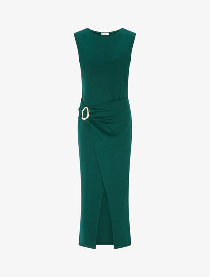 Robe longue fendue à empiècement bijou - Vert sapin - 1