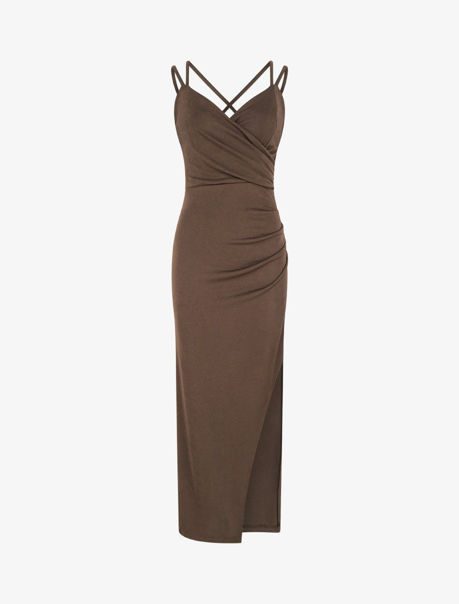Robe longue ajustée à fente et bretelles - Marron - 1