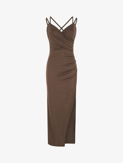 Robe longue ajustée à fente et bretelles - Marron - 1
