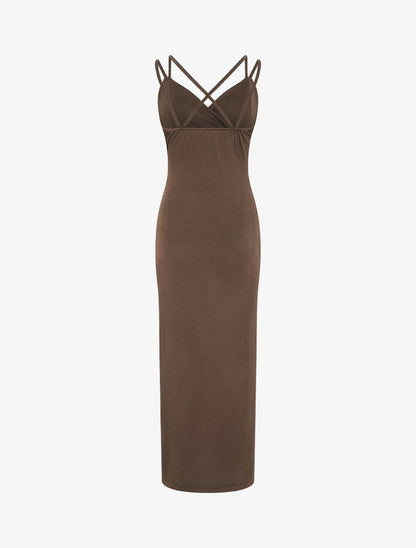 Robe longue ajustée à fente et bretelles - Marron - 2