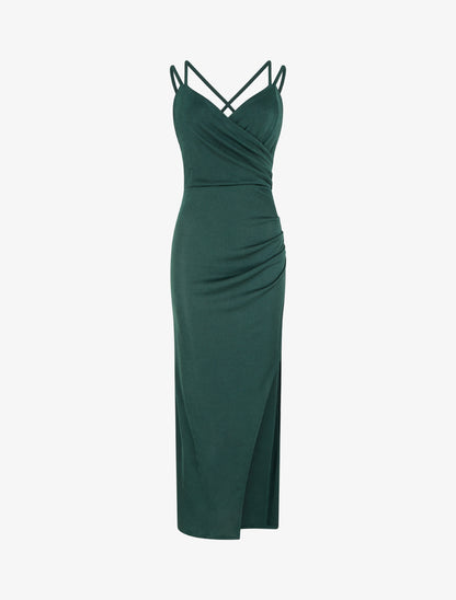 Robe longue ajustée à fente et bretelles - Vert foncé - 1