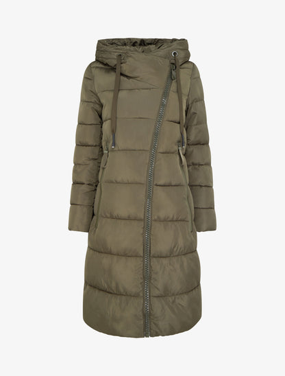 Doudoune longue à capuche et zip en biais - Kaki - 1