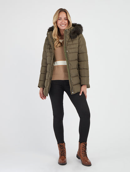 Doudoune ceinturée à capuche en fourrure synthétique - Kaki - 8