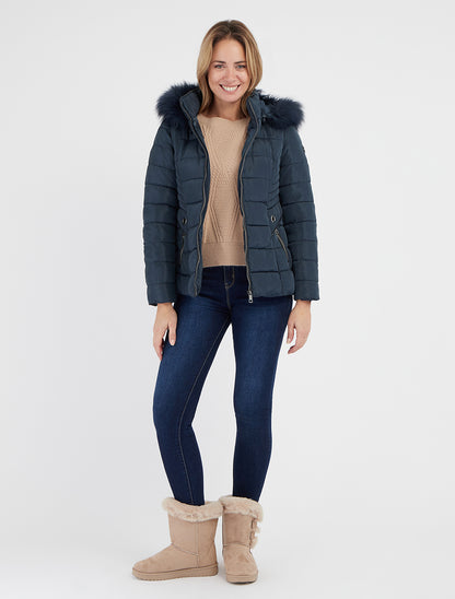 Gerade geschnittener Daunenmantel mit Kapuze aus Kunstpelz - Marine