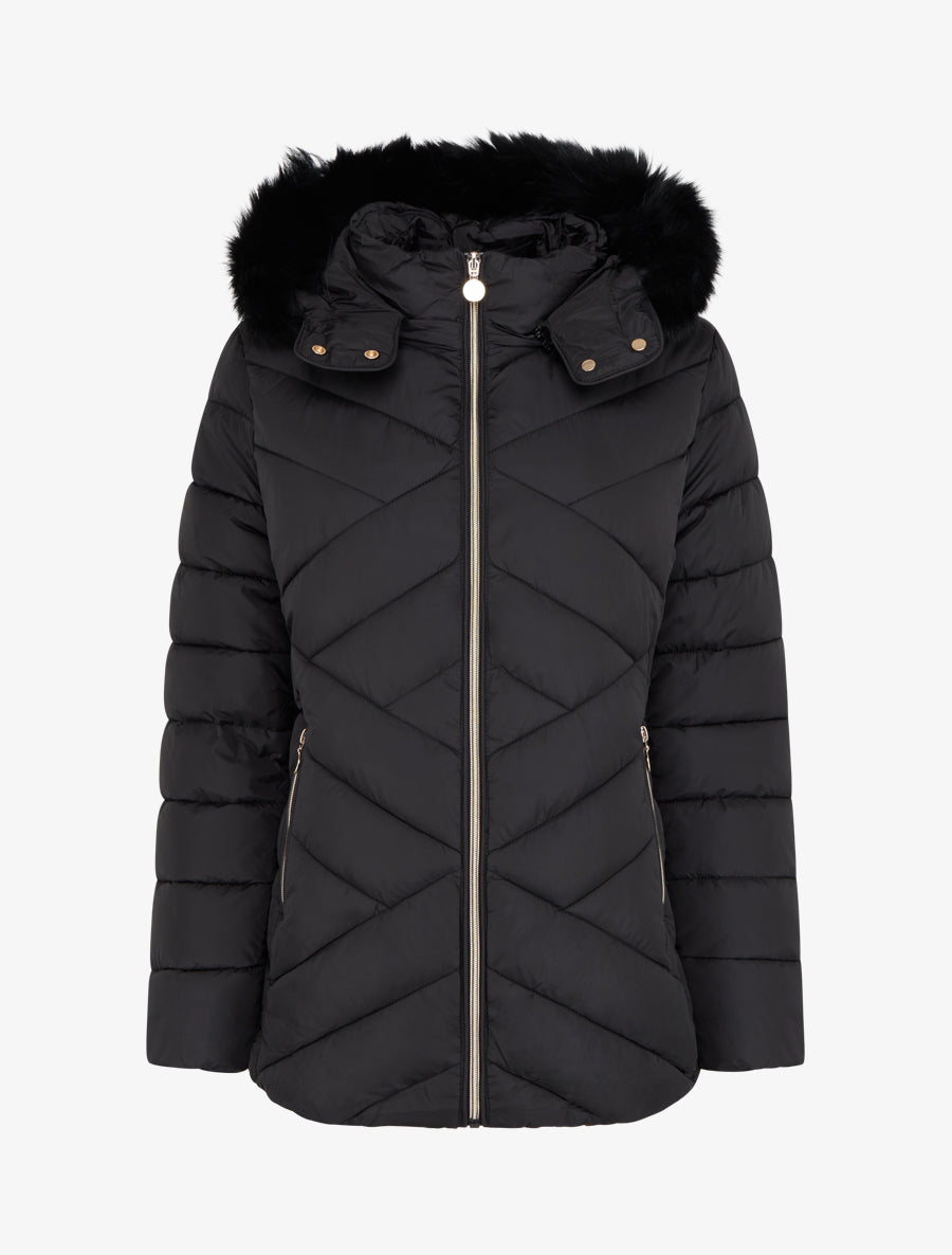 Doudoune matelassée à capuche fourrure synthétique - Noir - 1
