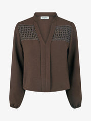 Fließende Bluse mit Ballonschnitt und Häkel-Detail - Braun