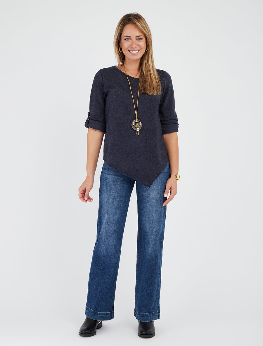 Asymmetrischer dünner Pullover mit hochkrempelbaren langen Ärmeln - Marine