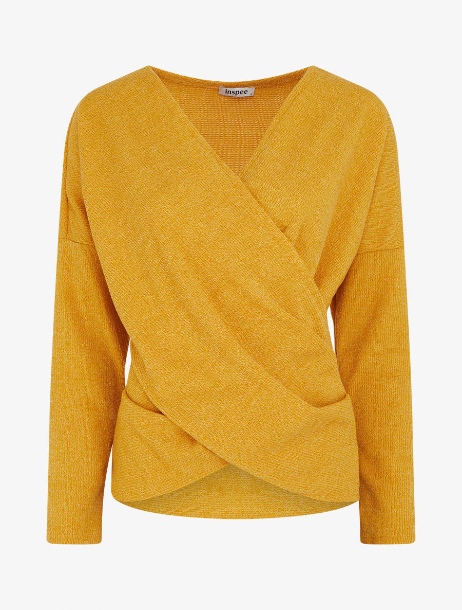 Pull fin uni à col cache-coeur - Jaune moutarde - 1