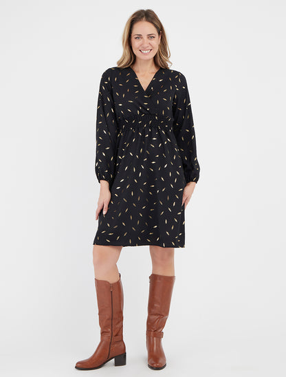 Ausgestelltes Kleid mit goldenen Federdrucken - Schwarz