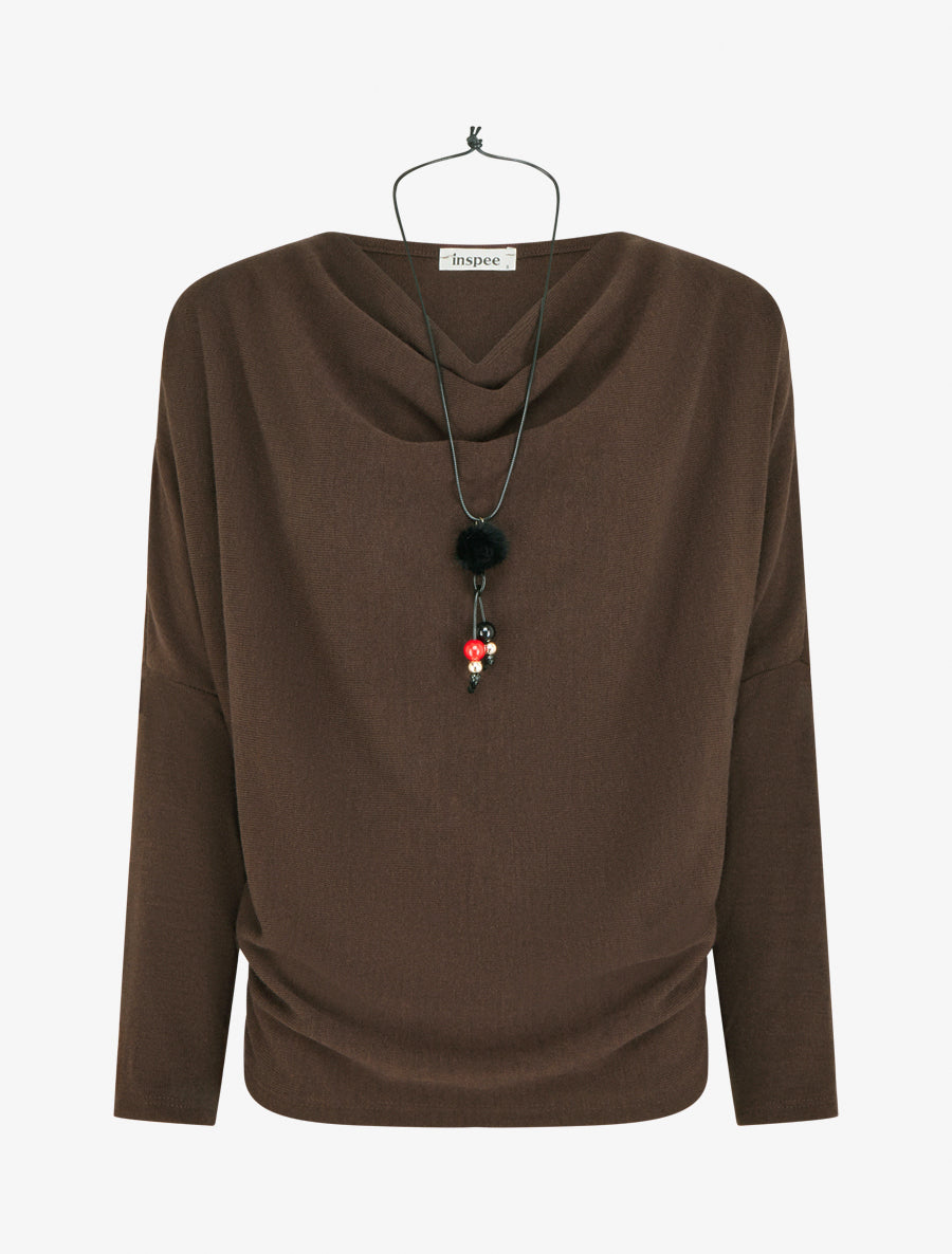 Feiner einfarbiger Pullover mit Wasserfallausschnitt - Braun