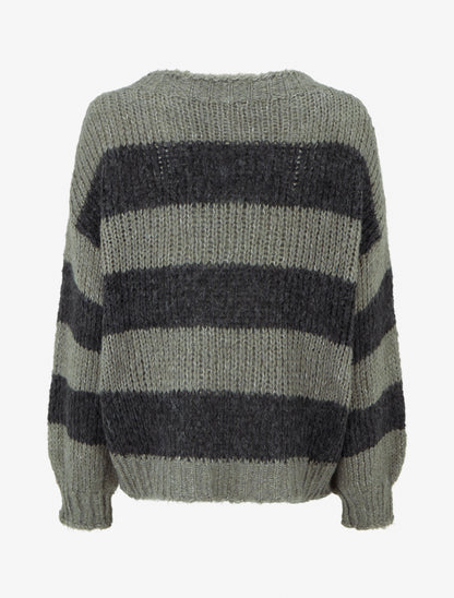 Pull rayé à col rond - Kaki - 2