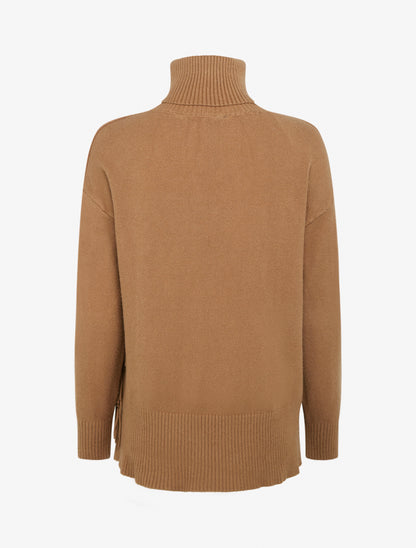 Pull uni à col roulé et franges - Camel - 2