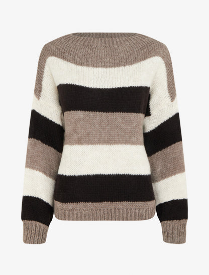 Pull rayé droit à col rond - Taupe - 1