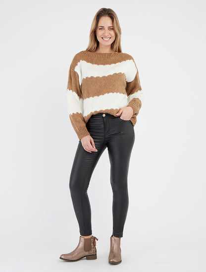 Zweifarbiger gestreifter Strickpullover - Kamel