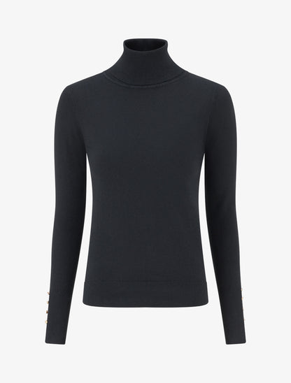 Pull fin à col roulé et boutons décoratifs - Noir - 1