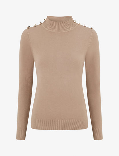 Figurbetonter Pullover mit Stehkragen und Knöpfen - Beige