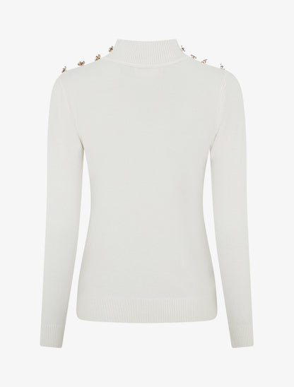 Pull ajusté à col montant et boutons - Écru - 2