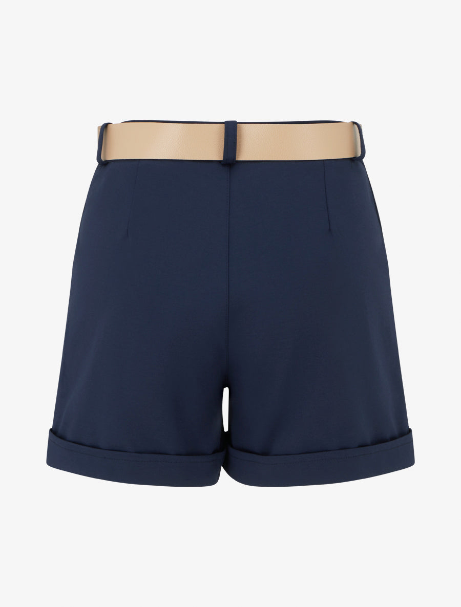 Short ceinturé à revers - Marine - 2